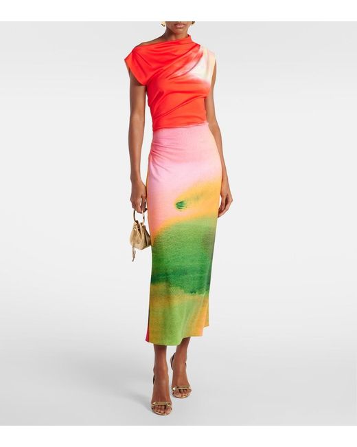 Oscar de la Renta Red Colorblock Draped Jersey Midi Dress