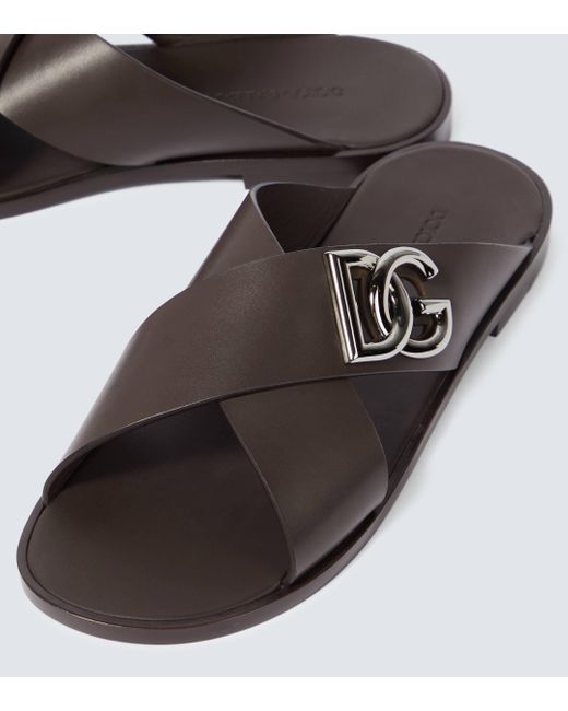 Dolce & Gabbana Brown Logo Leather Slides for men
