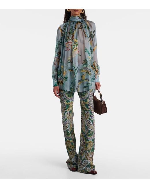 Etro Blue Printed Ruched Silk Top
