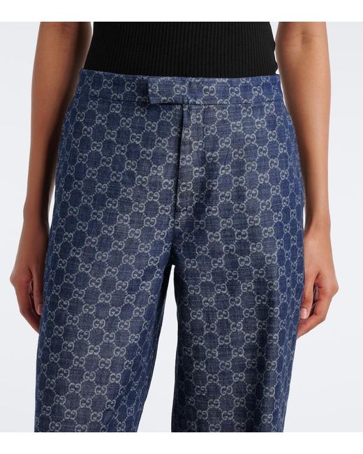Gucci Blue Gg Jacquard Wide-Leg Jeans