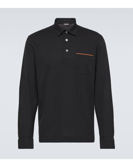 Zegna Black Long-Sleeved Cotton Pique Polo Shirt for men