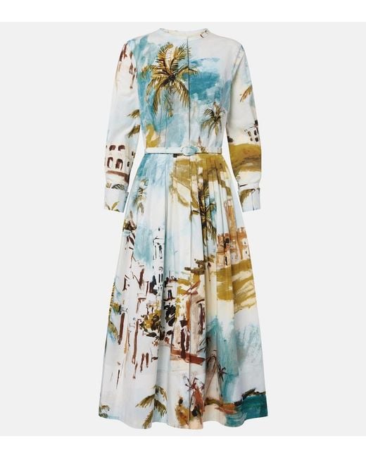 Oscar de la Renta White Pleated Printed Cotton-Blend Cocktail Dress