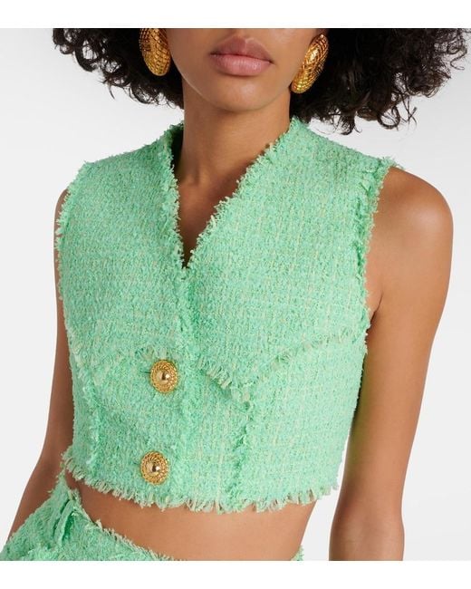 Balmain Green Tweed Crop Top