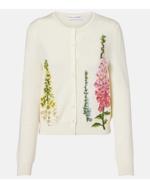 Oscar de la Renta White Foxgloves Embroidered Virgin Wool Cardigan