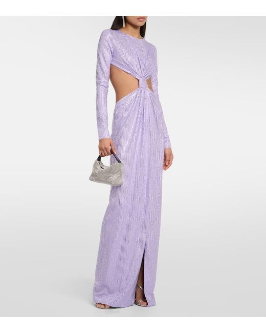 Area Purple Crystal-Embellished Cutout Jersey Gown