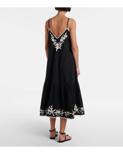 Juliet Dunn Black Besticktes Midikleid Aus Baumwolle Und Leinen