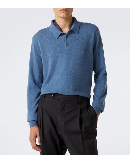 Rubinacci Blue Cashmere Polo Sweater for men