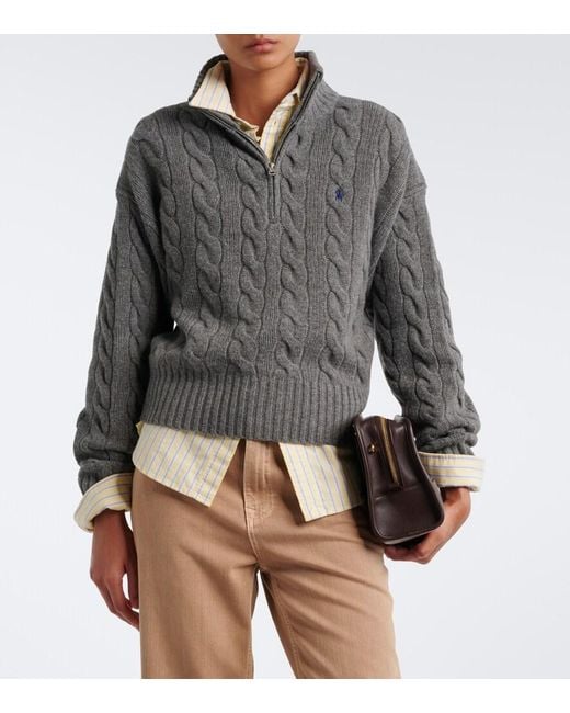 Polo Ralph Lauren Gray Cable-Knit Wool-Blend Half-Zip Sweater