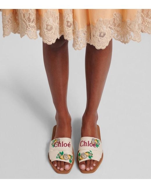 Chloé White Woody Embroidered Linen Slides