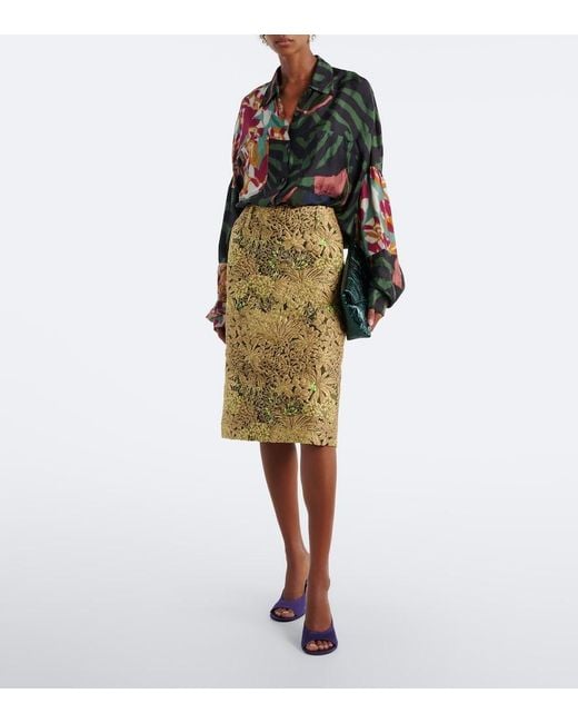 Dries Van Noten Green Floral Jacquard Midi Skirt