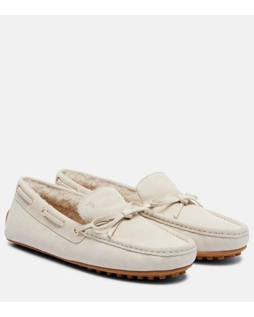 Tod's White Gommino Shearling-Lined Suede Boat Shoes