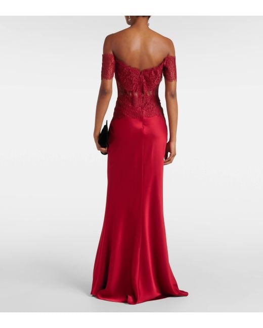 Rasario Red Corset Off-shoulder Lace And Satin Gown