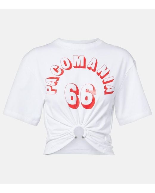 Rabanne White Printed Cropped Cotton-Blend T-Shirt