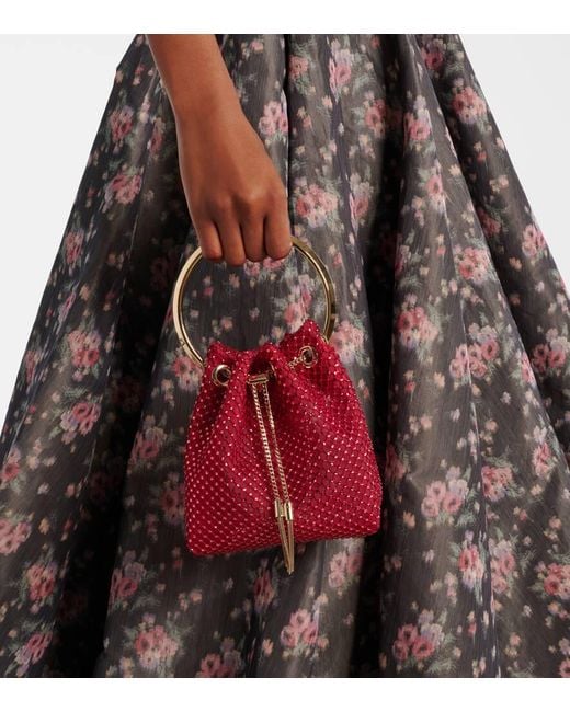 Jimmy Choo Red Bon Bon Small Embellished Satin Bucket Bag