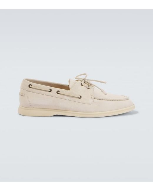 Loro Piana White Sea-Sail Walk Suede Boat Shoes for men