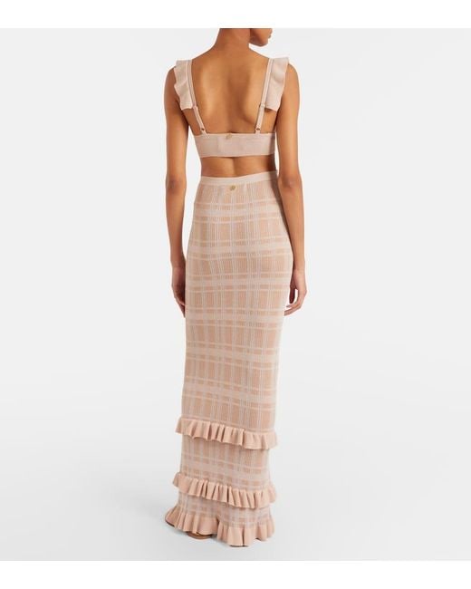 Bananhot Natural Petra Checked Ribbed-Knit Ruffled Pencil Skirt