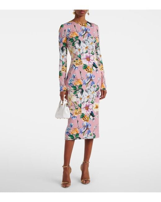 Floral Midi Vestido en Silk Blend Dolce & Gabbana de color White