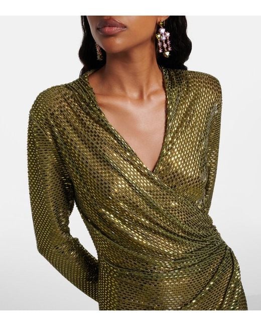 Self-Portrait Green Gathered Rhinestone-Embellished Midi Dress