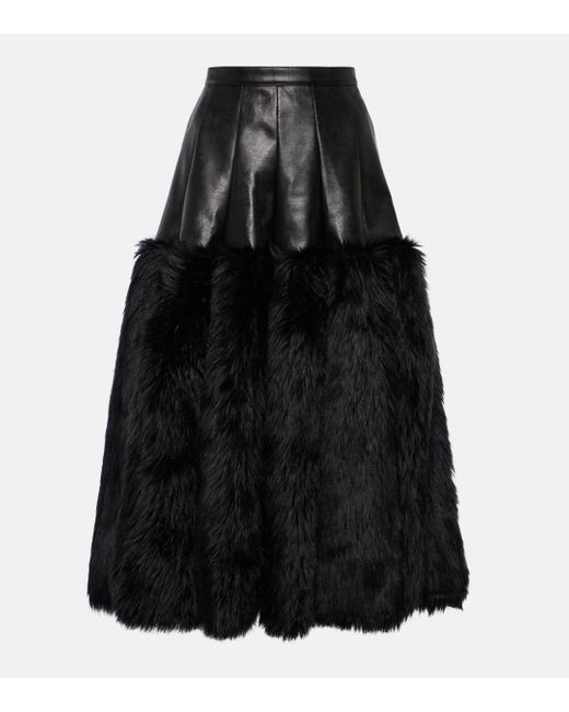 Junya Watanabe Black Faux Fur-trimmed Faux Leather Midi Skirt