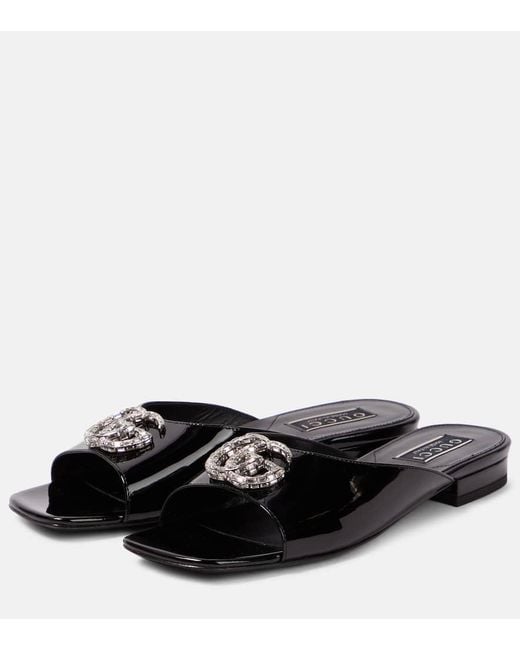 Gucci GG Embellished Patent Leather Slides in Black | Lyst