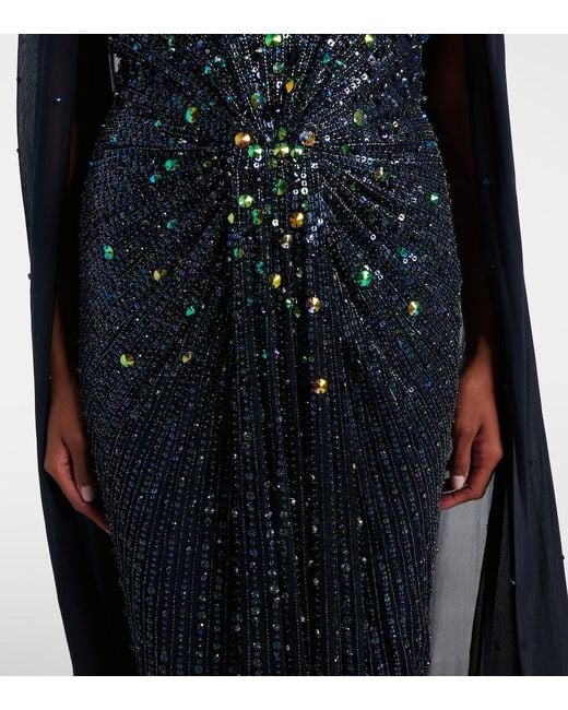 Jenny Packham Blue Thea Caped Sequined Gown