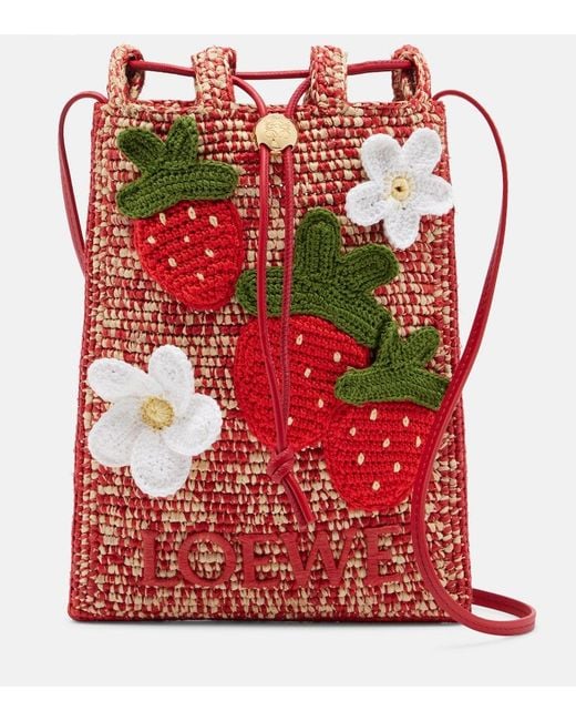 Loewe Red Paula's Ibiza Raffia Pouch With Strap