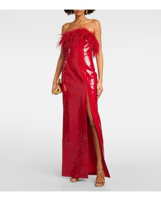 Rebecca Vallance Red Nika Sequined Feather-Trimmed Gown