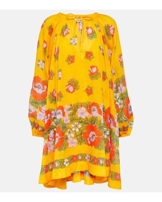ALÉMAIS Yellow Balloon-Sleeve Floral Minidress