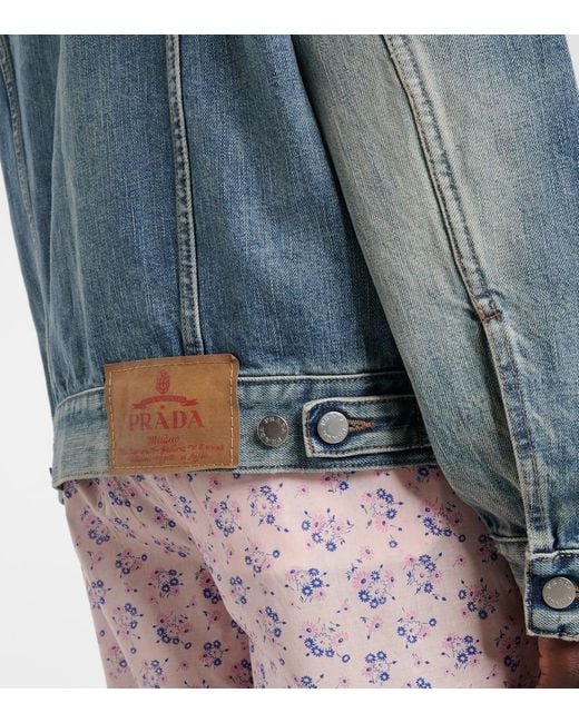 Prada Blue Leather-Trimmed Denim Jacket