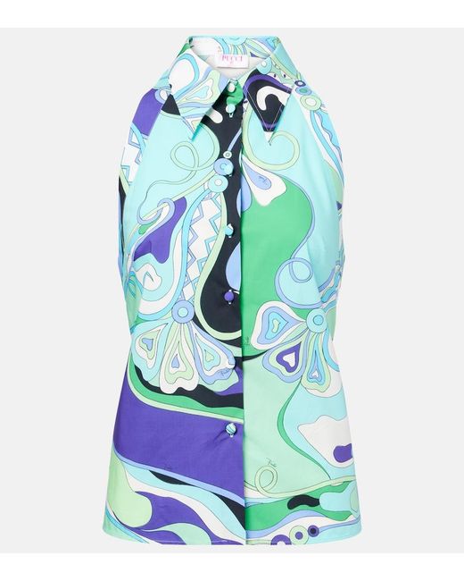 Emilio Pucci Blue Orchidee Printed Halterneck Cotton Top