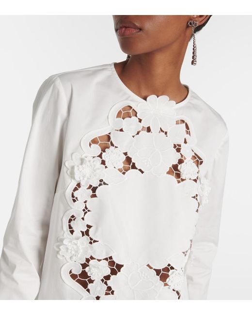 Oscar de la Renta White Embroidered Cotton Blouse