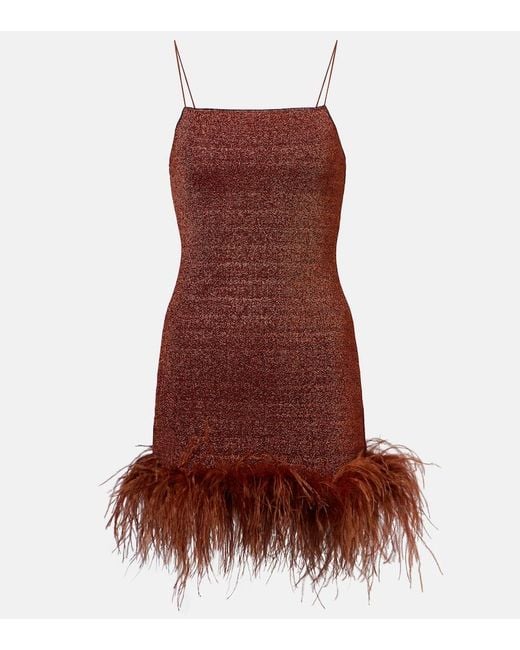 Oseree Brown Lumiere Plumage Feather-Trimmed Minidress