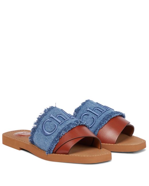 Chloé Blue Woody Denim And Leather Slides