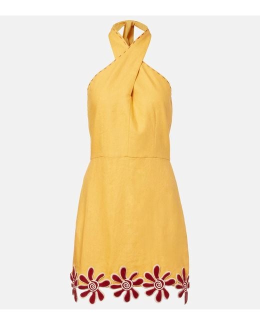 Cala De La Cruz Yellow Veneta Floral-Applique Linen Minidress