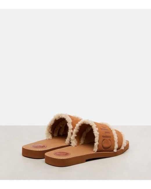 Chloé Brown Woody Logo Suede Slides