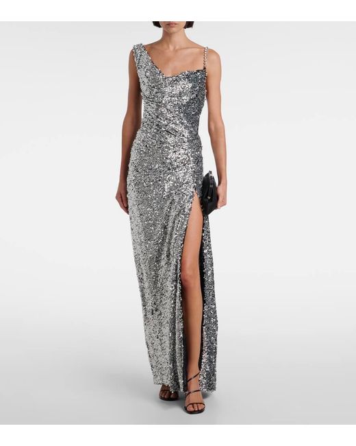 Area Gray One-Shoulder Sequined Gown