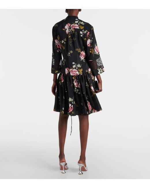 Erdem Black Floral Silk Crepe De Chine Minidress