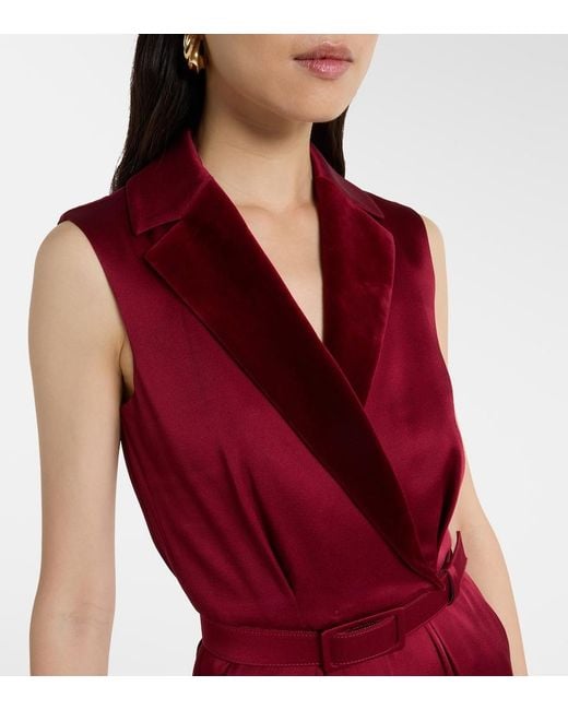 Max Mara Red Scalata Velvet-Trimmed Satin Jumpsuit