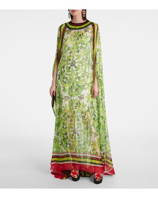 Dolce & Gabbana Green Printed Silk Maxi Dress