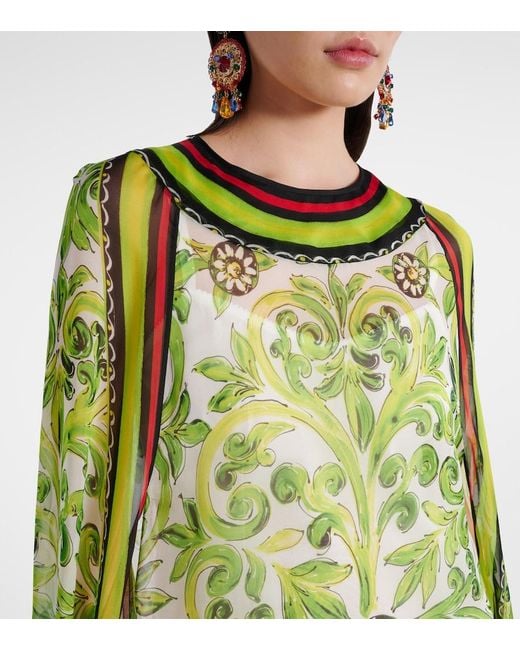 Dolce & Gabbana Green Printed Silk Maxi Dress