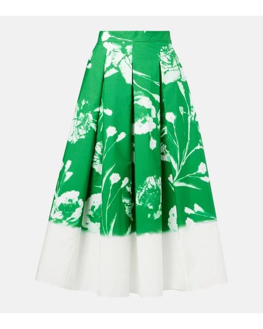 Erdem Green Pleated Floral Cotton Midi Skirt