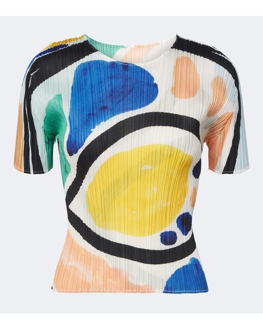Pleats Please Issey Miyake Blue Roll Pleated Printed Top