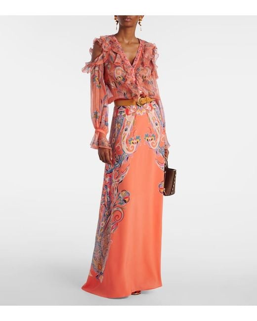 Etro Orange Paisley Silk Maxi Skirt