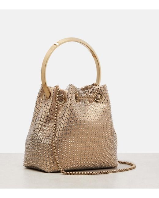 Jimmy Choo Natural Bon Bon Small Embellished Satin Bucket Bag