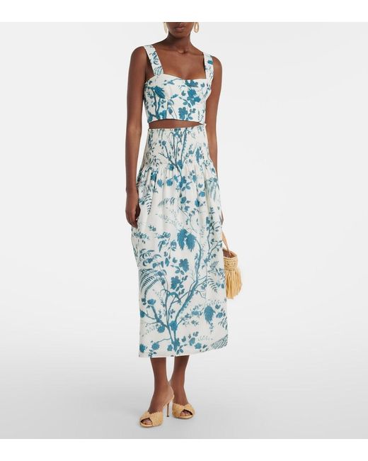 Erdem Blue Floral Cotton And Linen Midi Skirt
