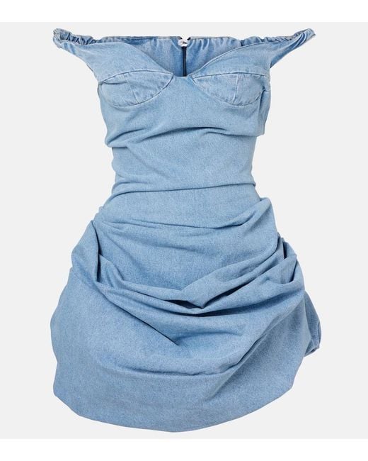 Magda Butrym Blue Gathered Off-Shoulder Denim Minidress