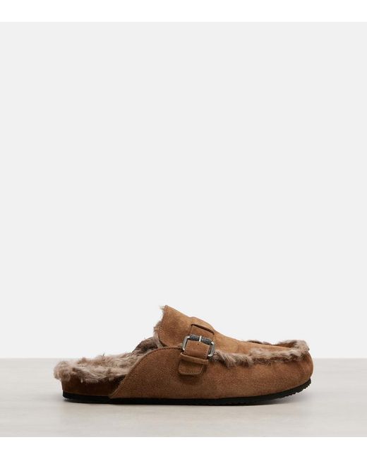 Brunello Cucinelli Brown Slippers Monili Aus Veloursleder Mit Shearling