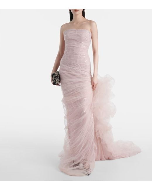 Marmar Halim Pink Sequined Ruffled Tulle Gown