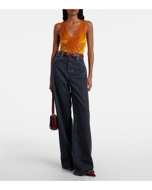 Gucci Orange Gg Embellished Velvet Bodysuit