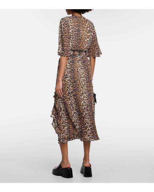Ganni Brown Leopard-print Georgette Midi Skirt